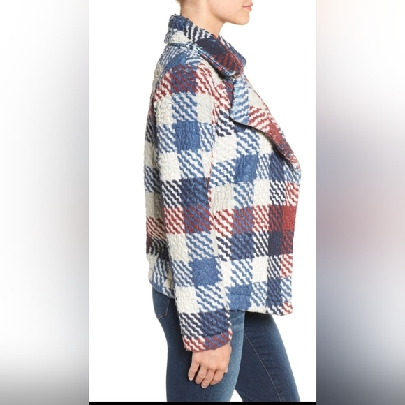 Vince Camuto Plaid Fleece Jacket Size L Shacket Open Front Cozy Red Blue Pockets - Picture 14 of 14